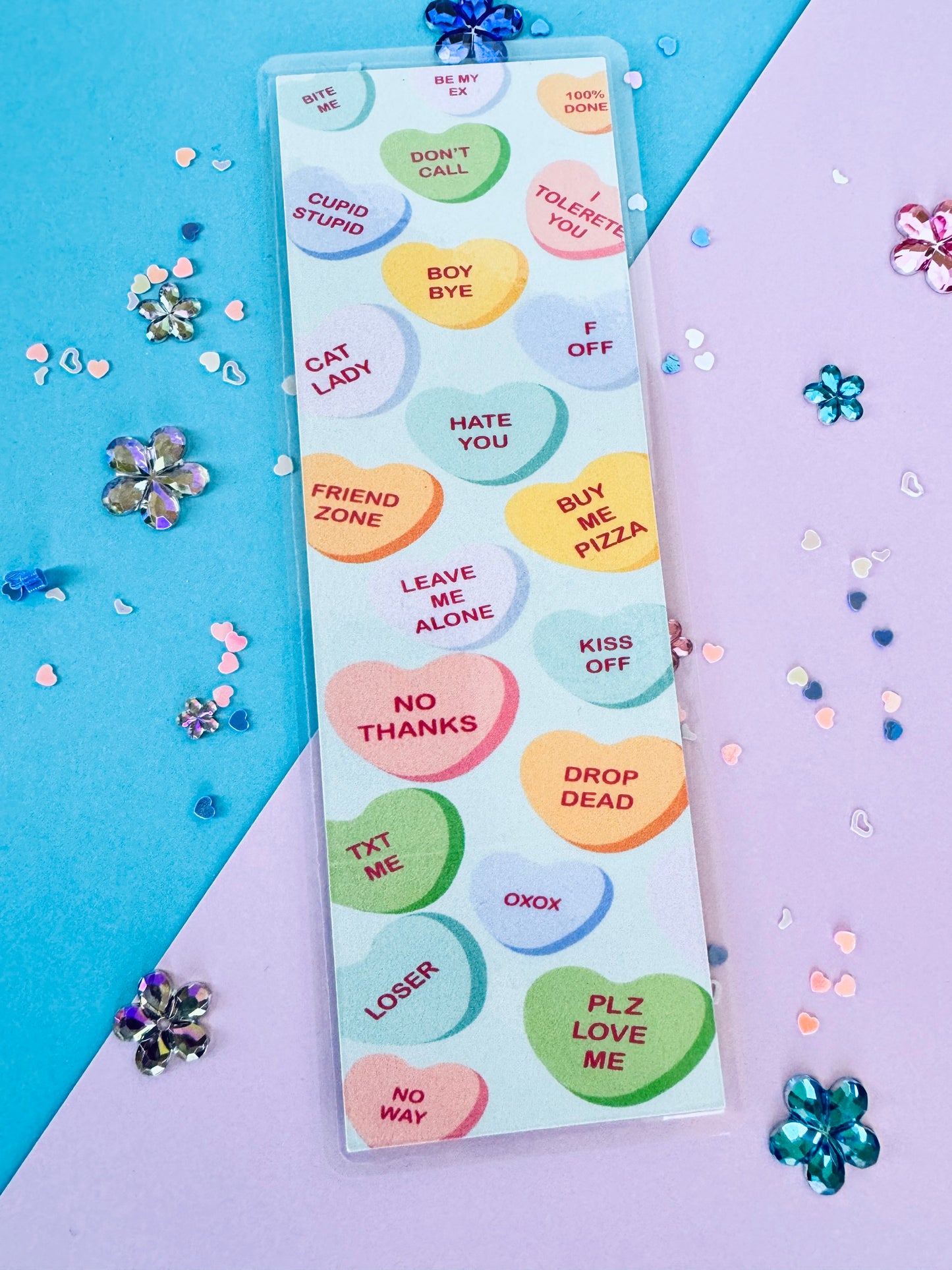 Valentine's Day Bookmark with Sarcastic Candy Heart Sayings, Laminated Page Saver