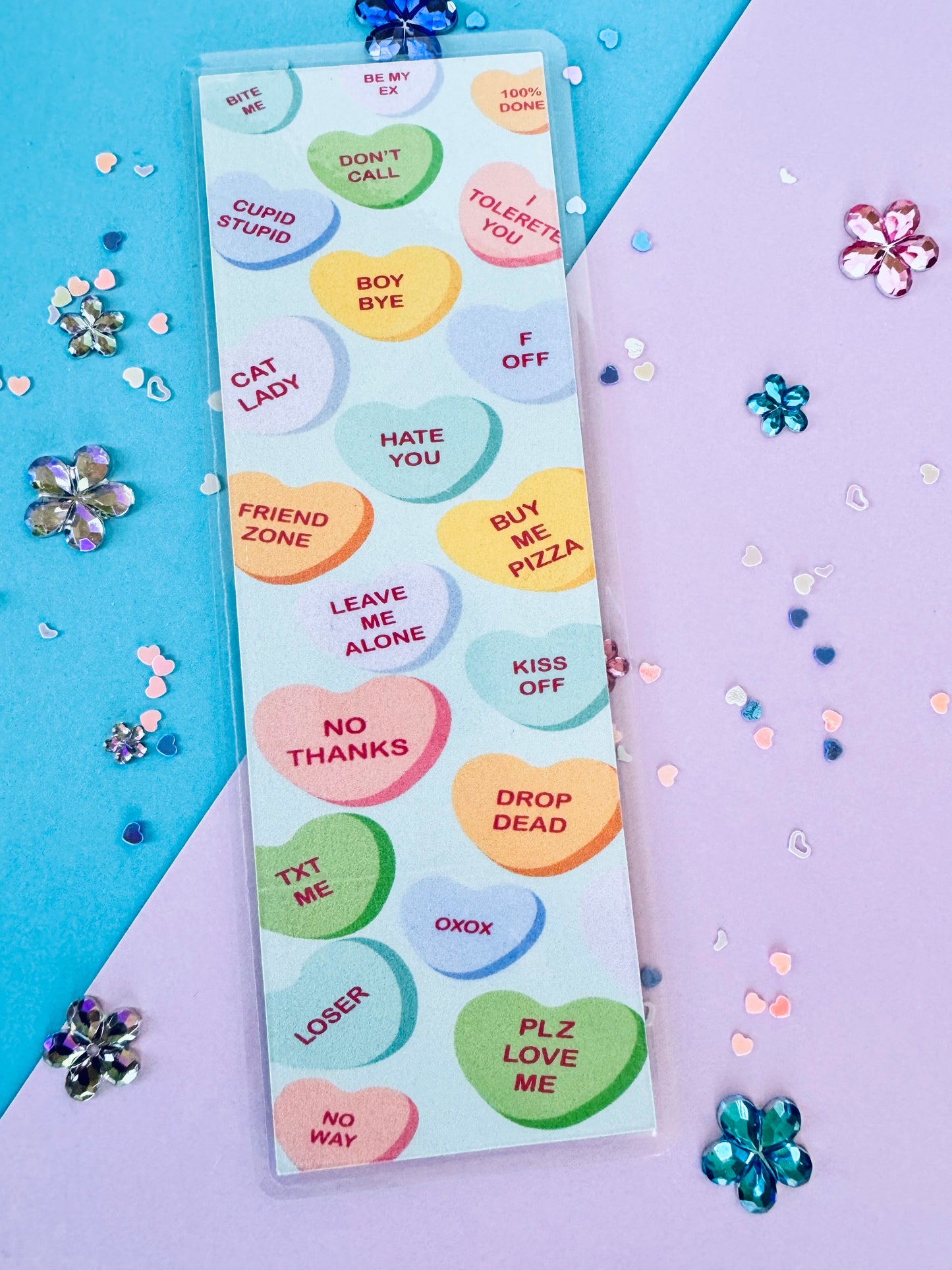 Valentine's Day Bookmark with Sarcastic Candy Heart Sayings, Laminated Page Saver