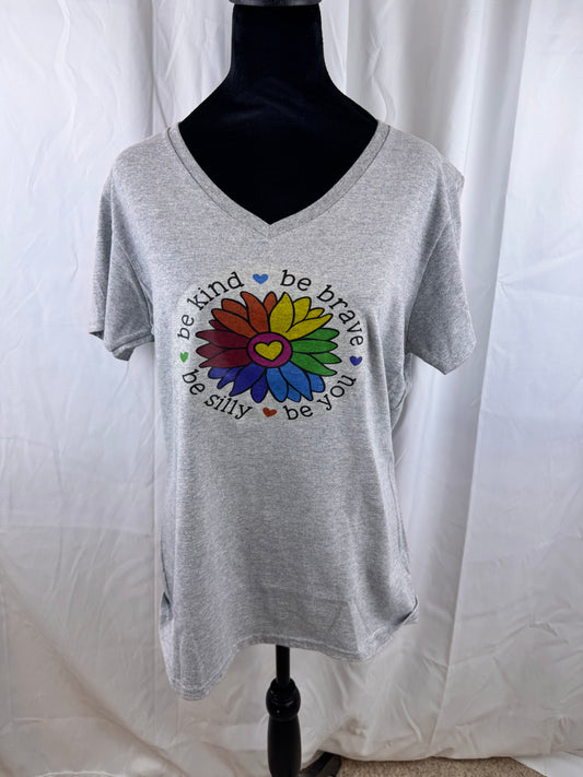 Be Kind T-shirt with Rainbow Flower, Be Brave, Be Silly, Be You, Gildan 90 Percent Cotton in Sport Grey