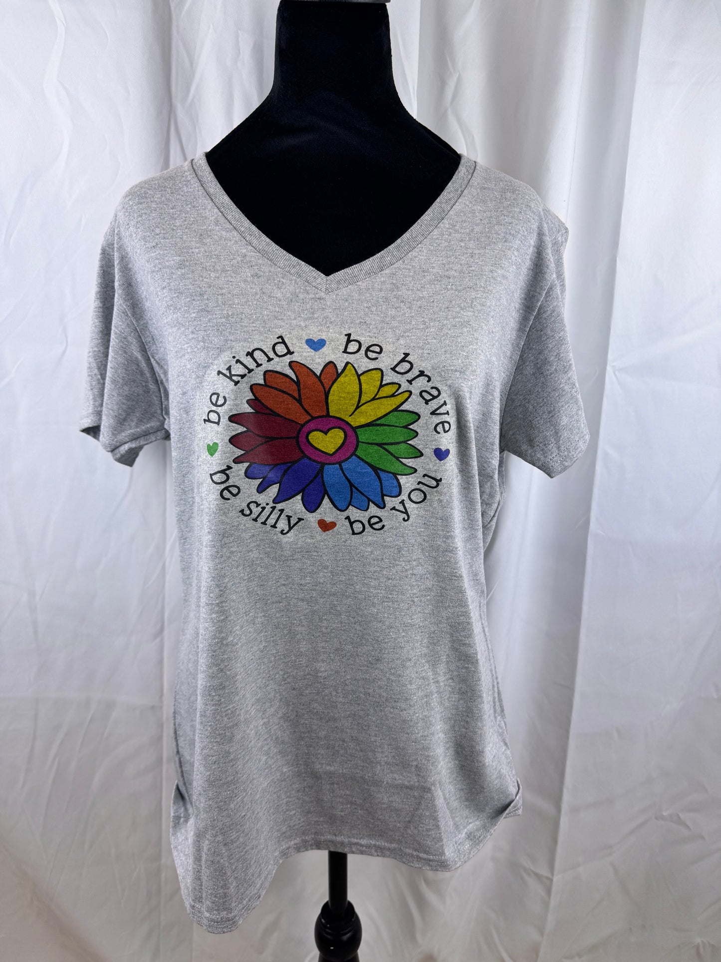 Be Kind T-shirt with Rainbow Flower, Be Brave, Be Silly, Be You, Gildan 90 Percent Cotton in Sport Grey