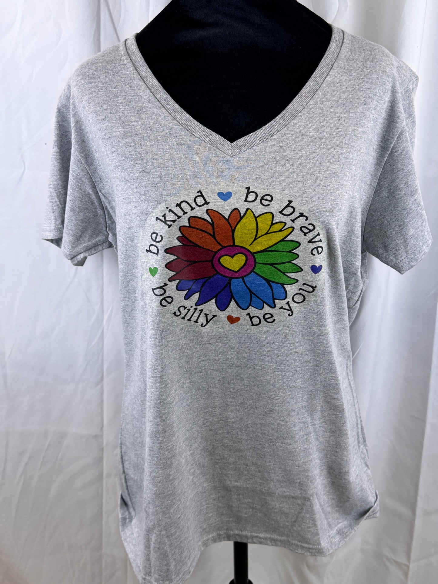 Be Kind T-shirt with Rainbow Flower, Be Brave, Be Silly, Be You, Gildan 90 Percent Cotton in Sport Grey