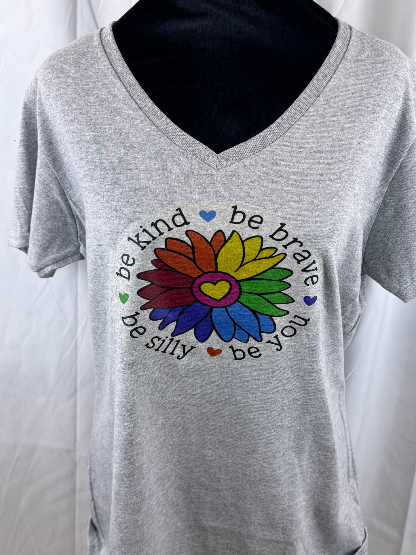 Be Kind T-shirt with Rainbow Flower, Be Brave, Be Silly, Be You, Gildan 90 Percent Cotton in Sport Grey