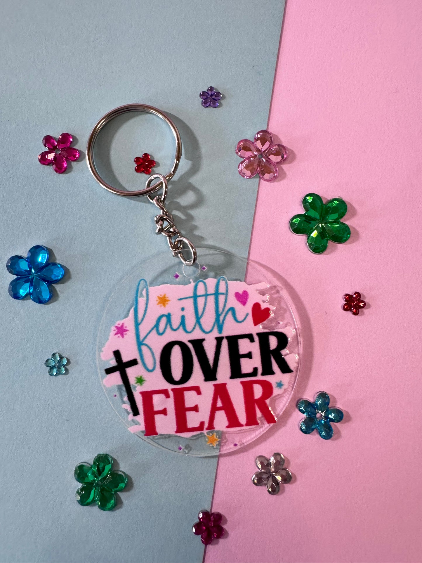 Faith Over Fear Keychain, 2 Inch Acrylic Round Keychain with UV DTF Design