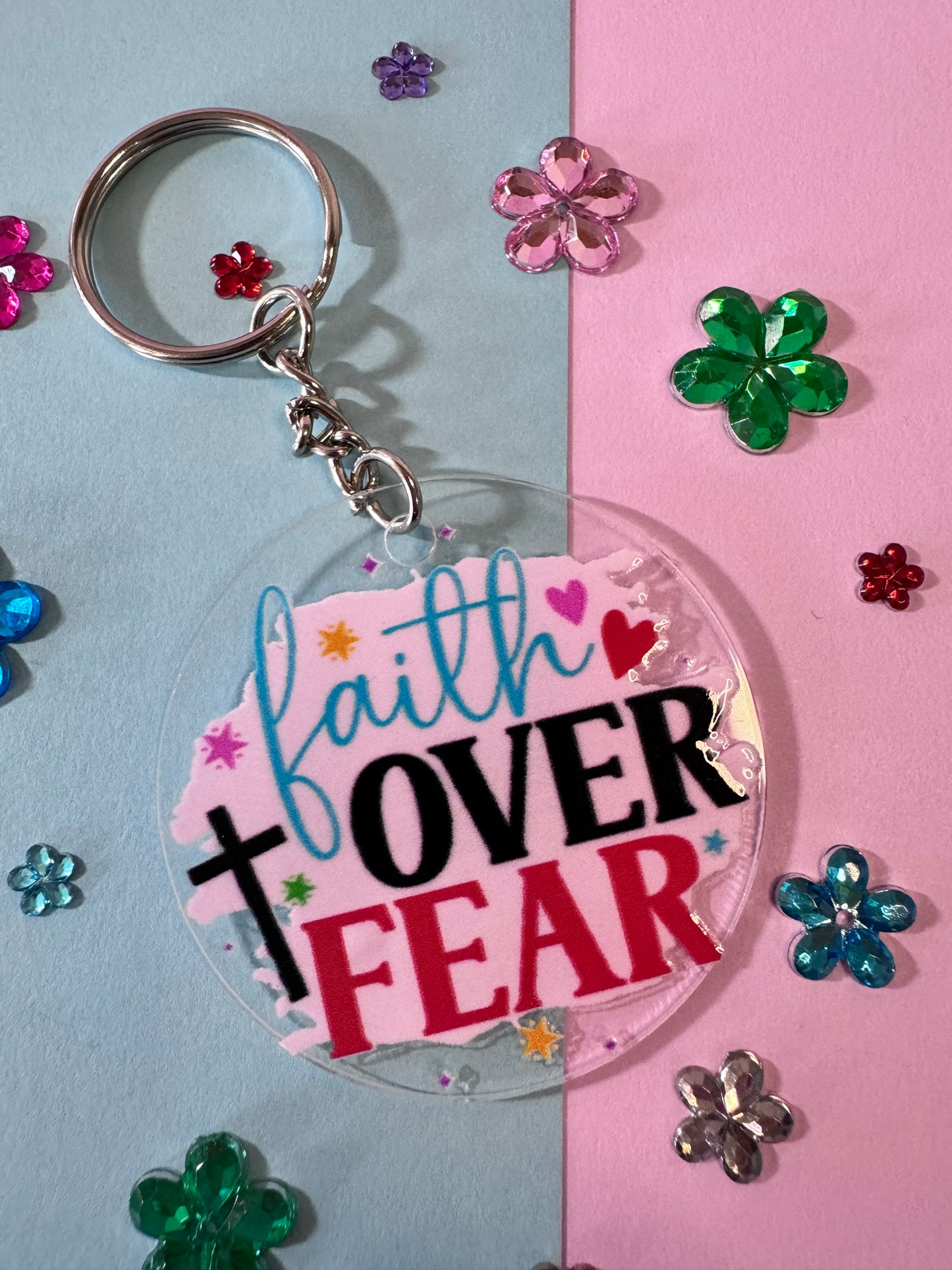 Faith Over Fear Keychain, 2 Inch Acrylic Round Keychain with UV DTF Design