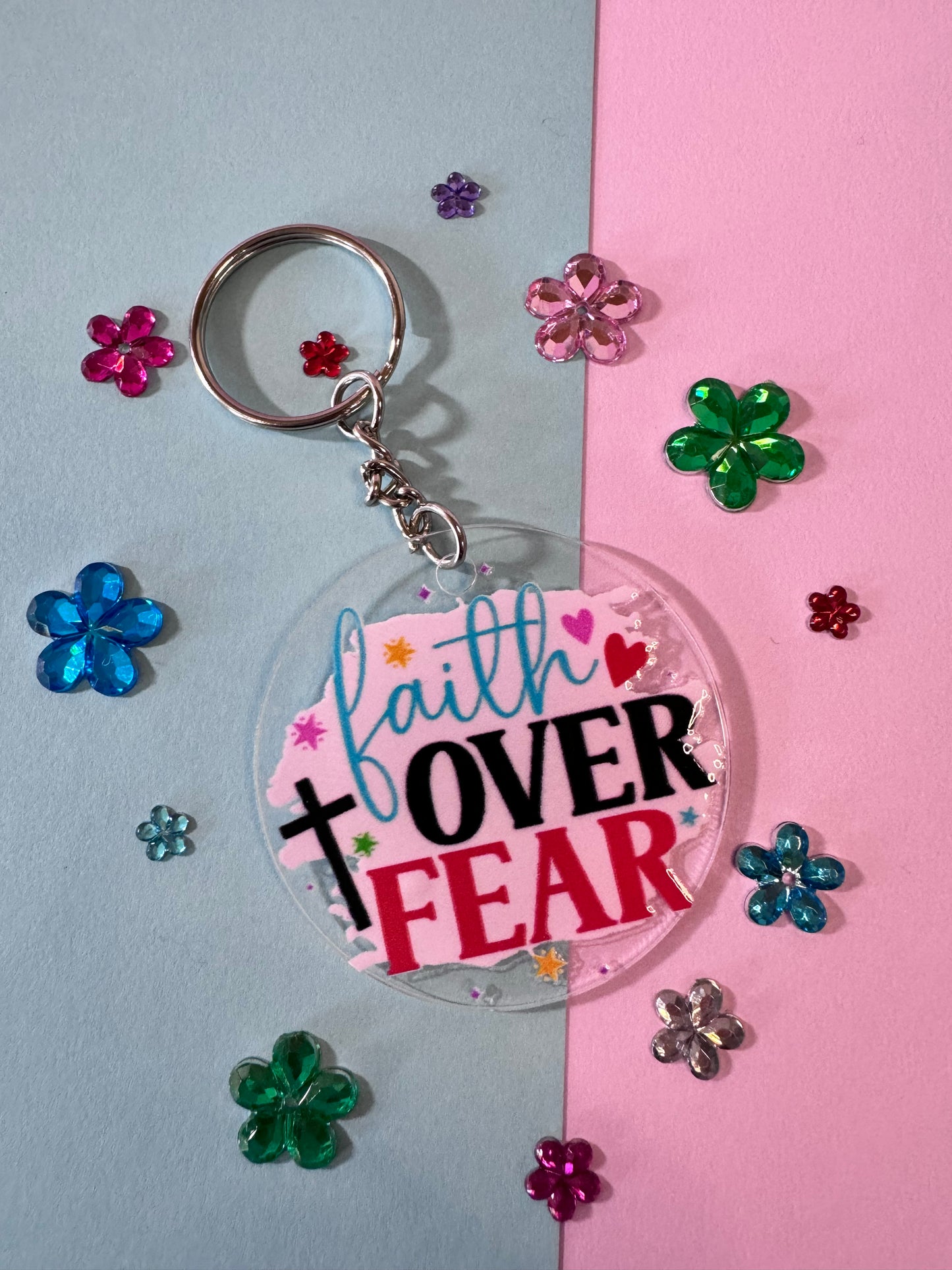 Faith Over Fear Keychain, 2 Inch Acrylic Round Keychain with UV DTF Design