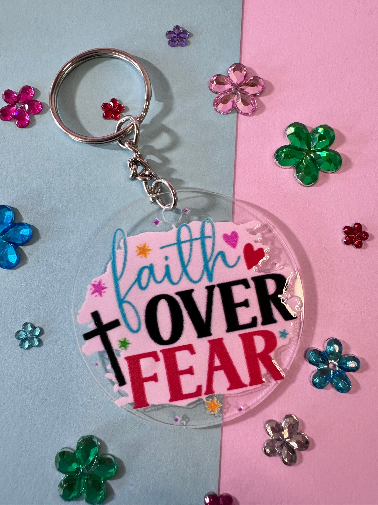 Faith Over Fear Keychain, 2 Inch Acrylic Round Keychain with UV DTF Design