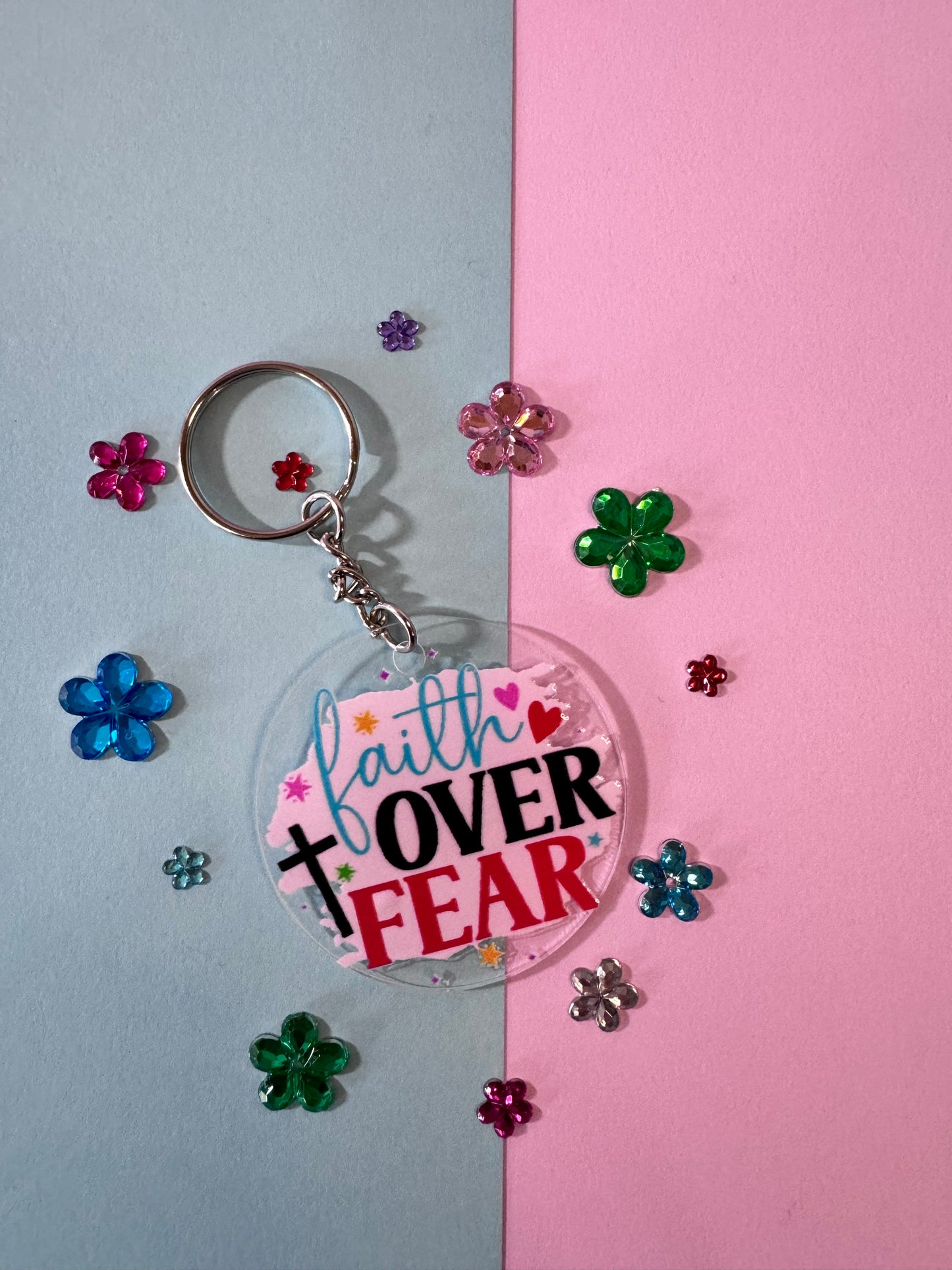 Faith Over Fear Keychain, 2 Inch Acrylic Round Keychain with UV DTF Design