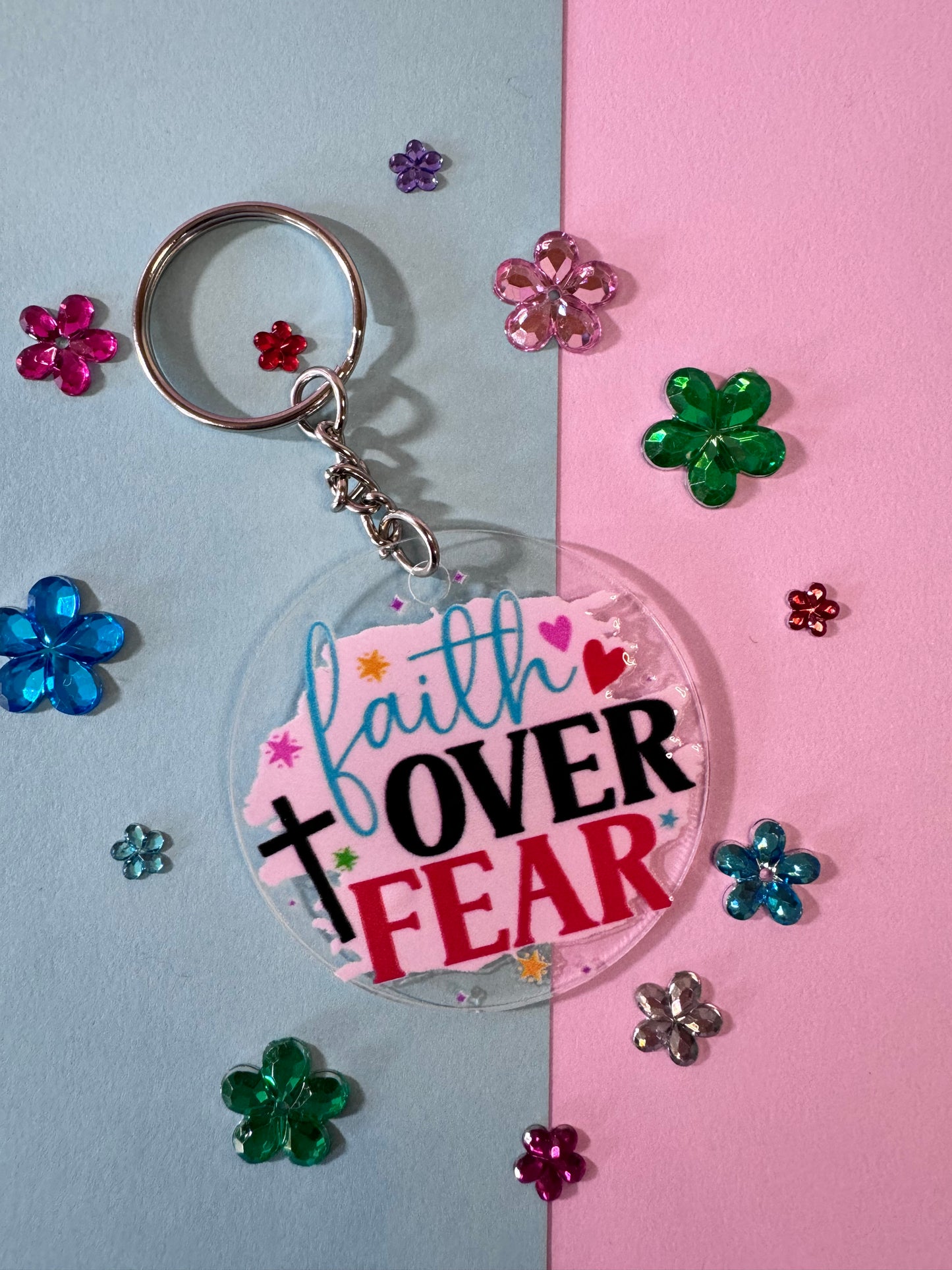 Faith Over Fear Keychain, 2 Inch Acrylic Round Keychain with UV DTF Design