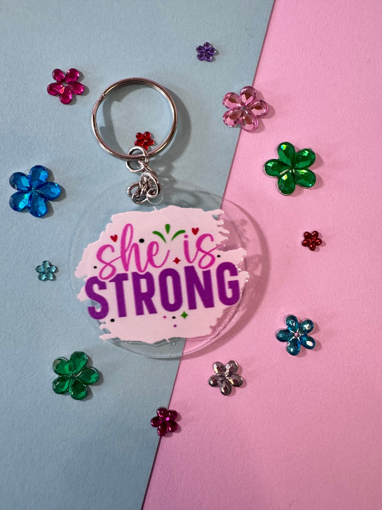 She Is Strong Keychain, 2 Inch Acrylic Round Keychain with UV Dtf  Design