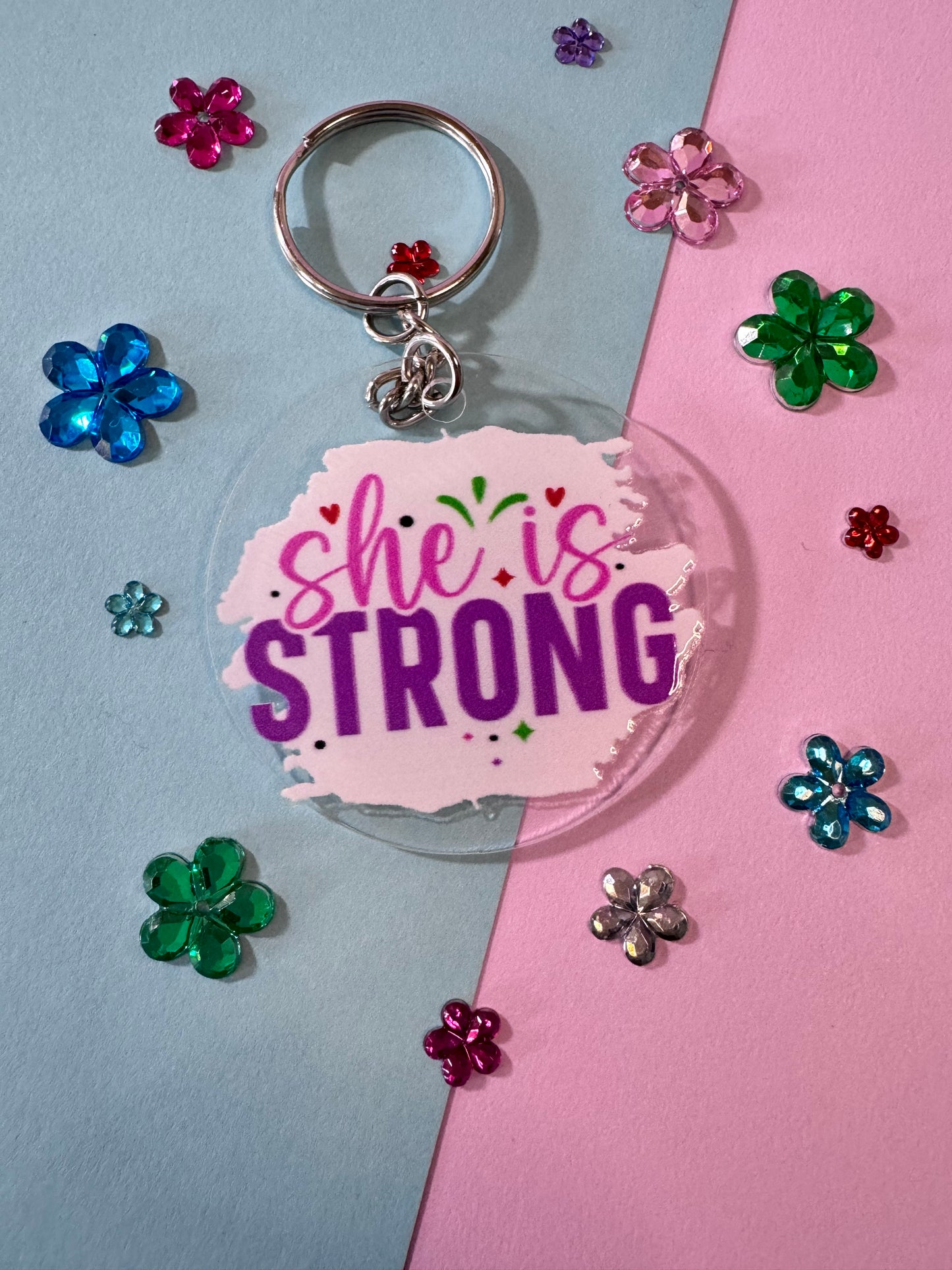 She Is Strong Keychain, 2 Inch Acrylic Round Keychain with UV Dtf  Design