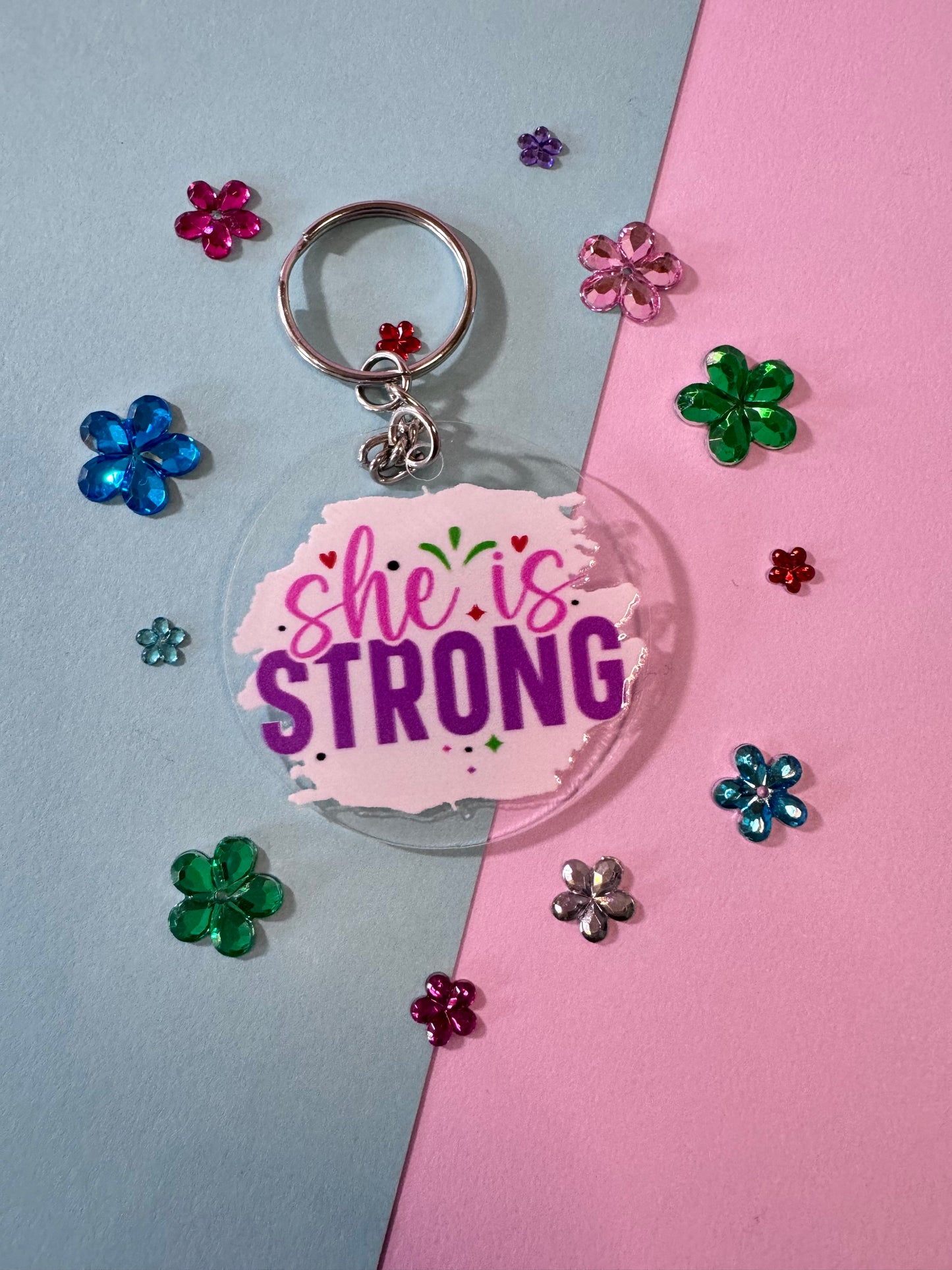 She Is Strong Keychain, 2 Inch Acrylic Round Keychain with UV Dtf  Design