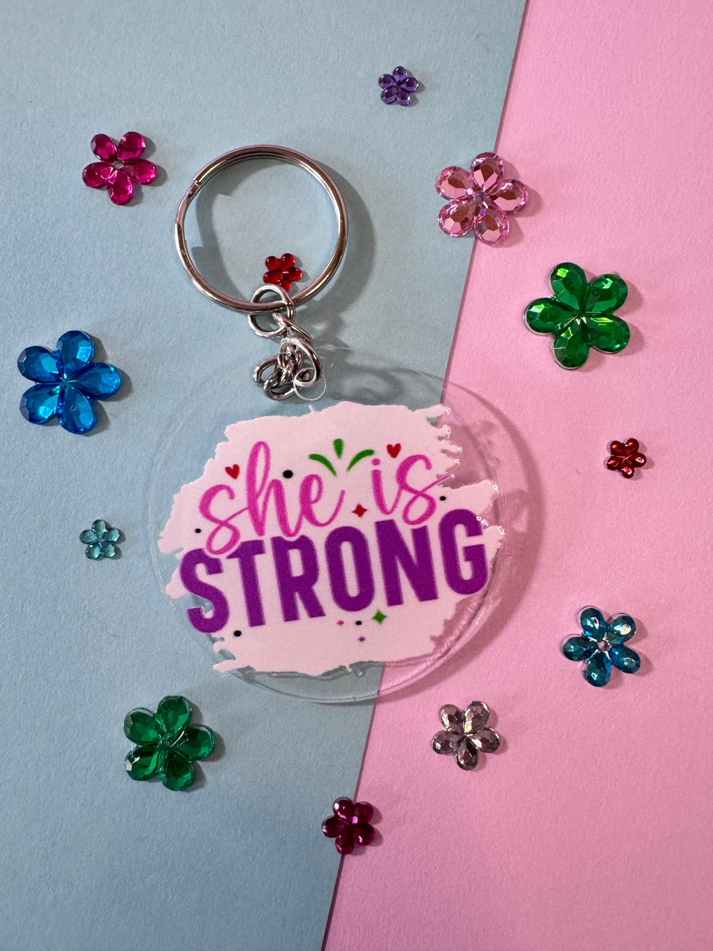 She Is Strong Keychain, 2 Inch Acrylic Round Keychain with UV Dtf  Design