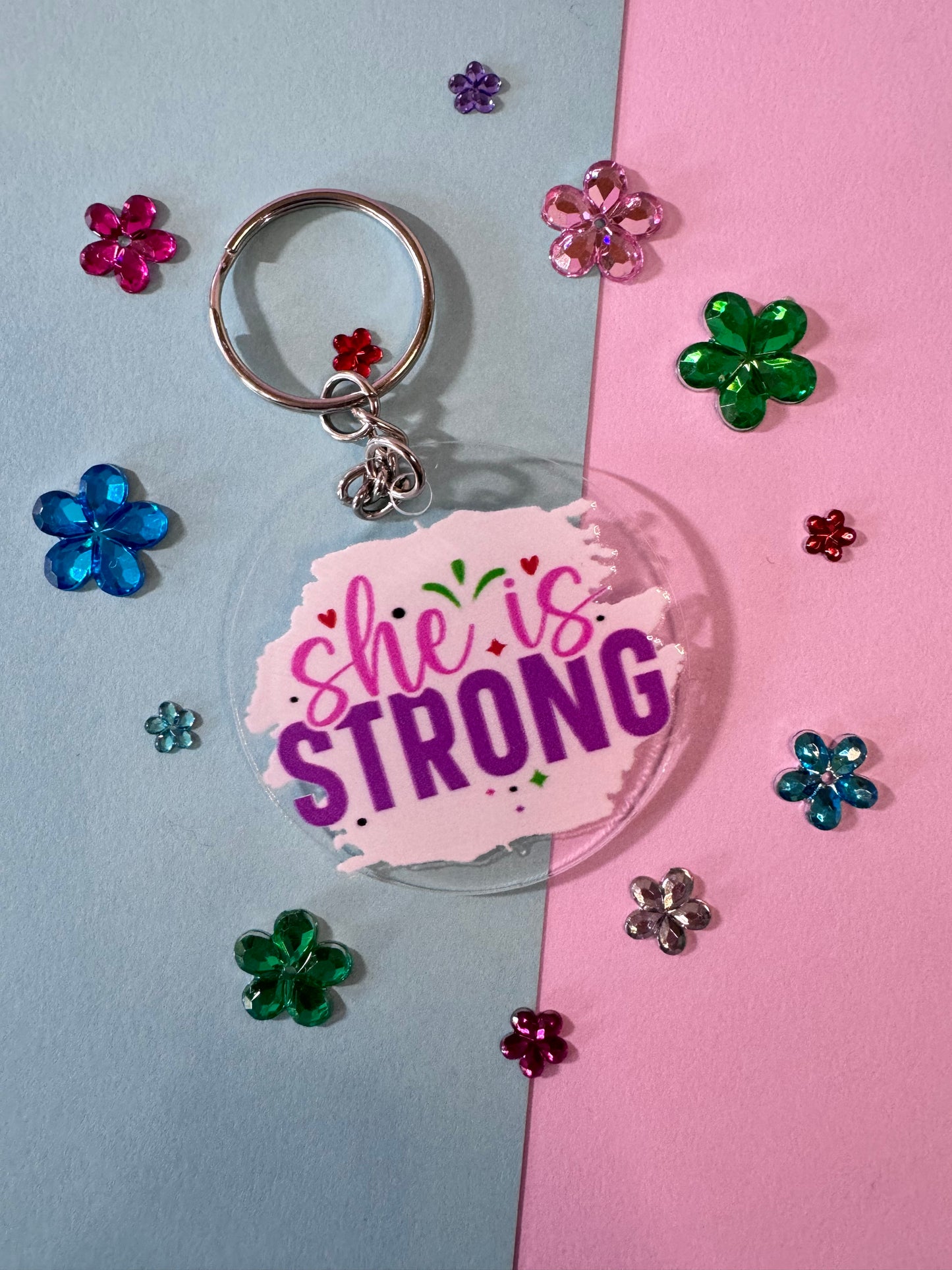 She Is Strong Keychain, 2 Inch Acrylic Round Keychain with UV Dtf  Design