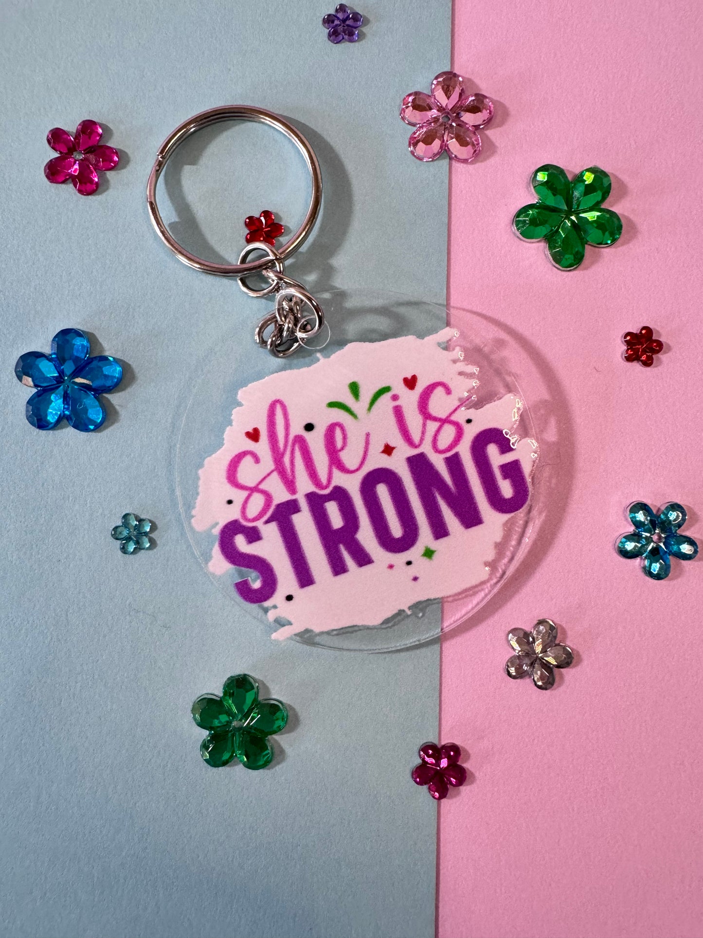 She Is Strong Keychain, 2 Inch Acrylic Round Keychain with UV Dtf  Design