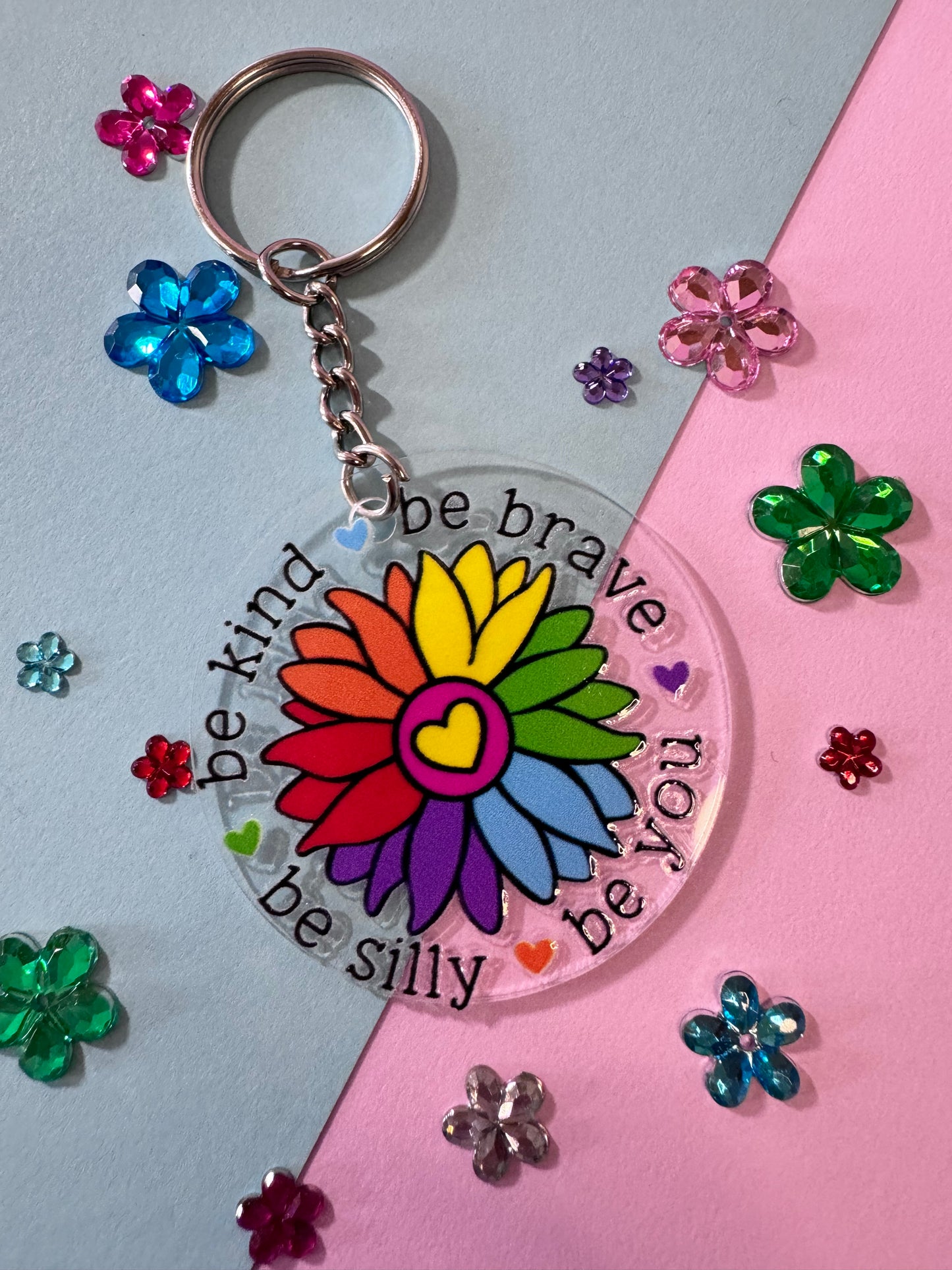 Be Kind, Be Brave, Be Silly, Be You Empowering Round Acrylic 2 Inch Keychain with UV DTF Design