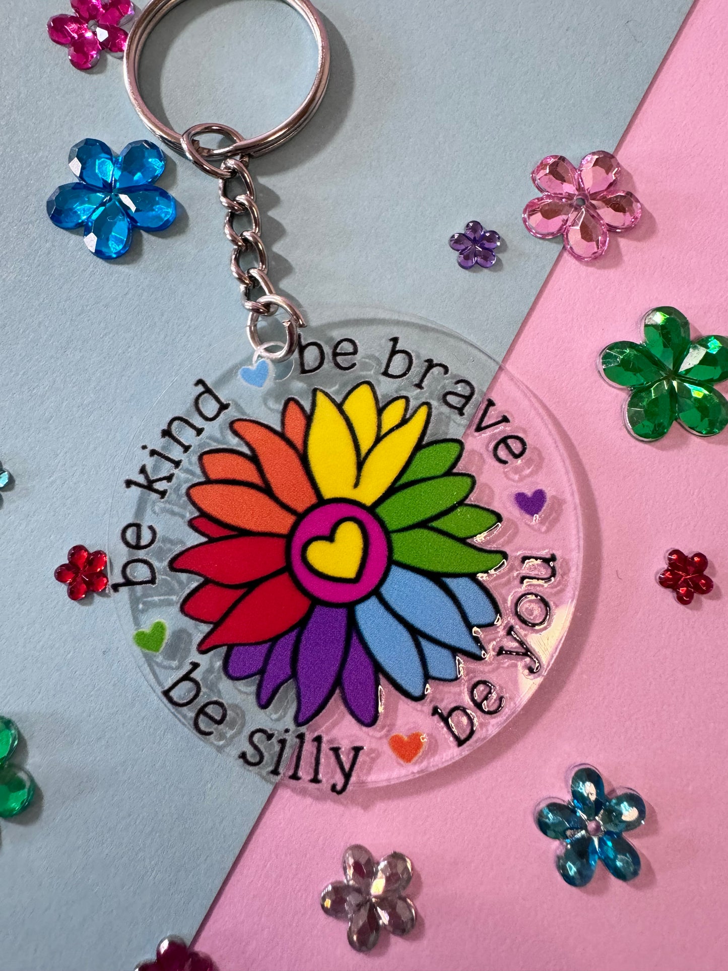 Be Kind, Be Brave, Be Silly, Be You Empowering Round Acrylic 2 Inch Keychain with UV DTF Design