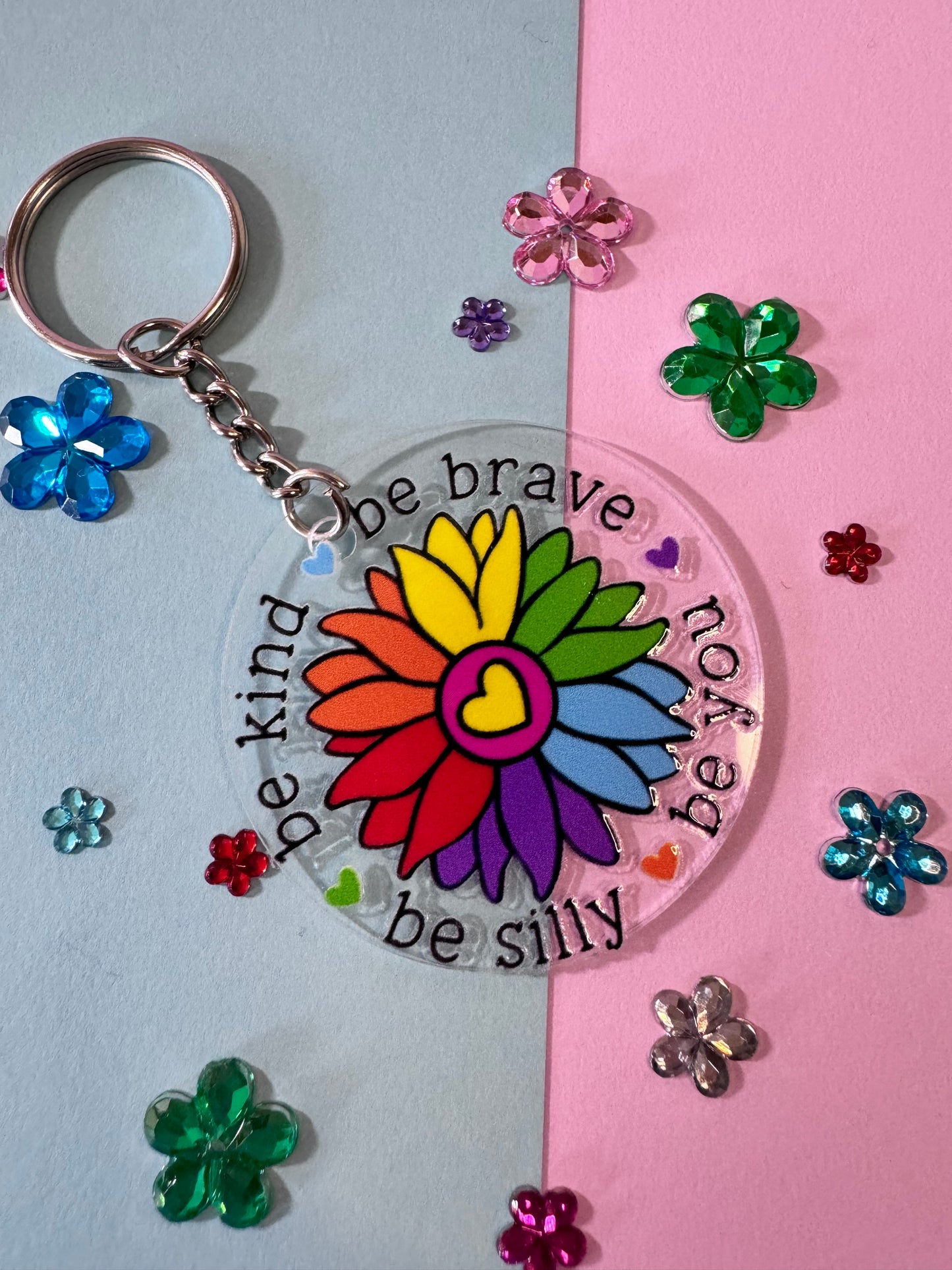 Be Kind, Be Brave, Be Silly, Be You Empowering Round Acrylic 2 Inch Keychain with UV DTF Design