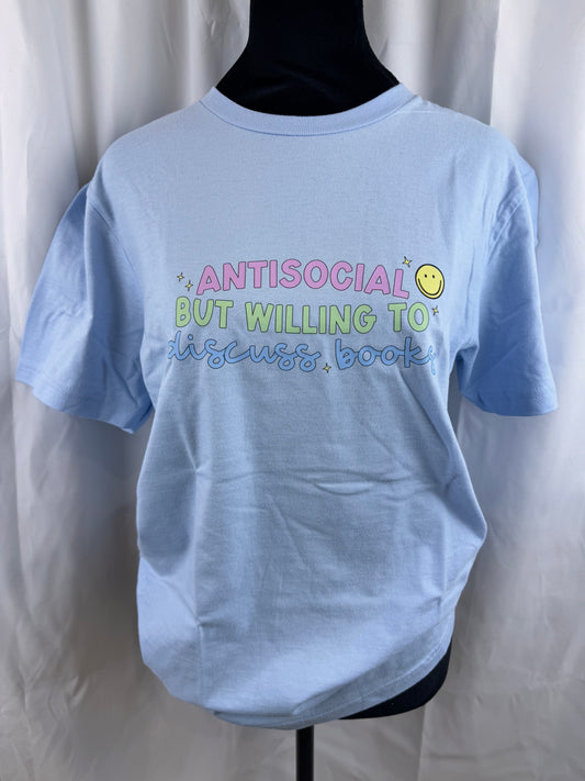 Antisocial But Willing To Discuss Books on Gildan Softstyle Light Blue Tshirt