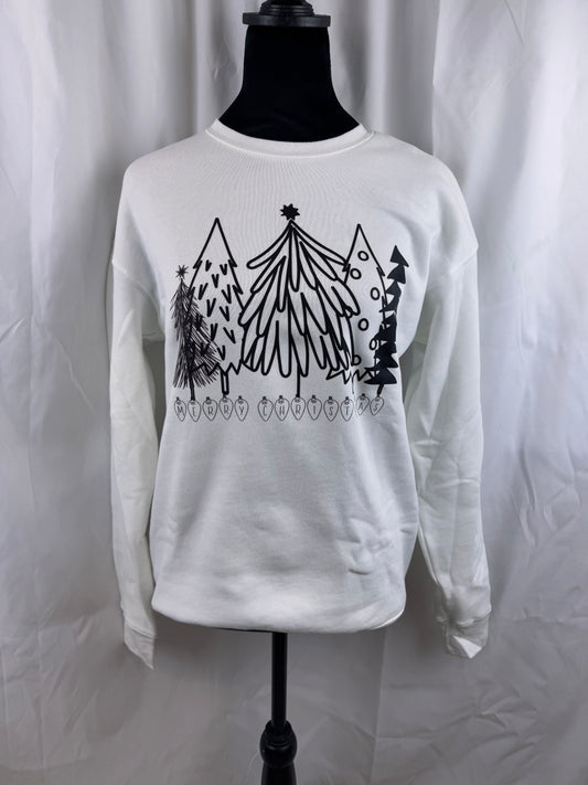 Merry Christmas Line Drawn Trees and Ornaments in Black Holiday Sweatshirt, Direct To Film Christmas Shirt