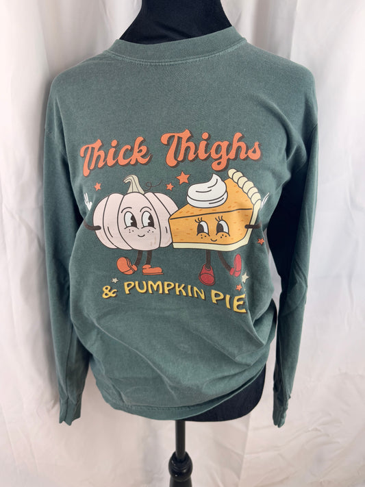 Thick Thighs and Pumpkin Pies Seasonal Comfort Colors Long Sleeve Tee on Blue Spruce Color