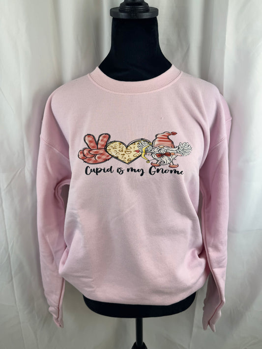 Cupid is My Gnome Valentine's Day Sweatshirt, Peace Love Gnome Pink Crew Neck