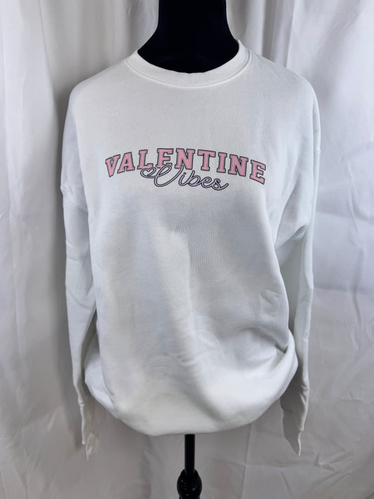 Valentine Vibes White Crew Neck Sweatshirt with Varsity Style Print