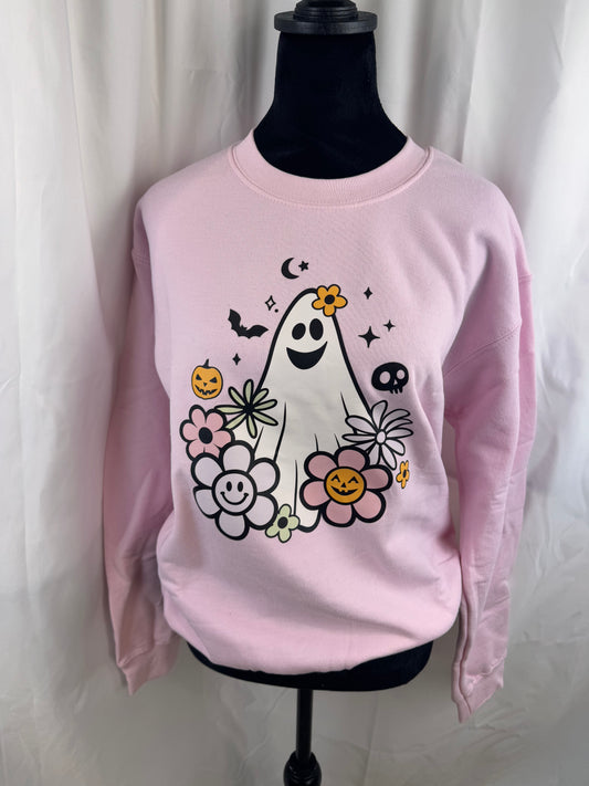 Fall Sweatshirt with 70s Retro Theme Ghost and Flowers