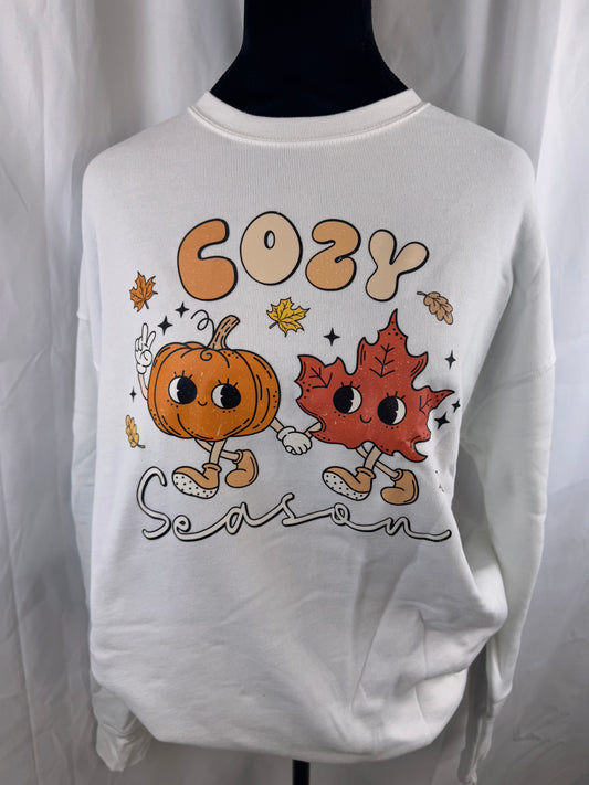 Cozy Soft White Sweatshirt, Cozy Season with Pumpkin and Fall Leaves Design, Graphic Tees, DTF Sweatshirt