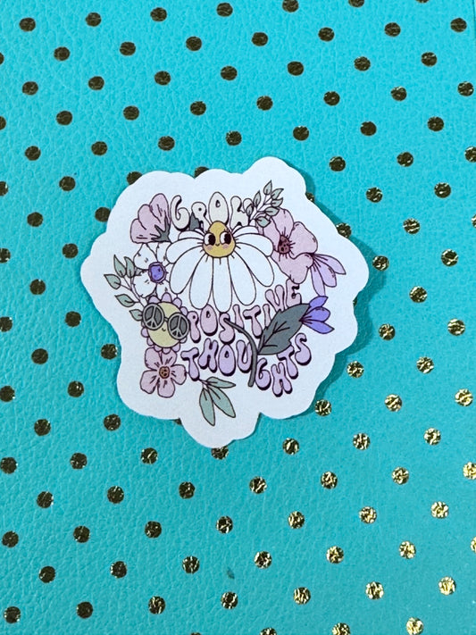 GrowPositive Thoughts 70s Retro Single Die Cut Matte Sticker With Groovy Flowers, Kawaii Cute