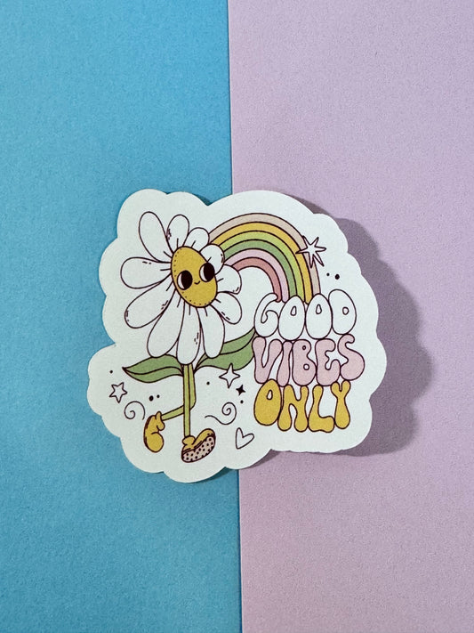 Good Vibes Only 70s Retro Single Die Cut Matte Sticker With Groovy Flowers and Pretty Rainbow, Kawaii Cute