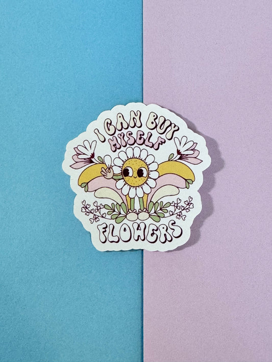 I Can Buy Myself Flowers 70s Retro Single Die Cut Matte Sticker With Groovy Flowers and Pretty Rainbow, Kawaii Cute