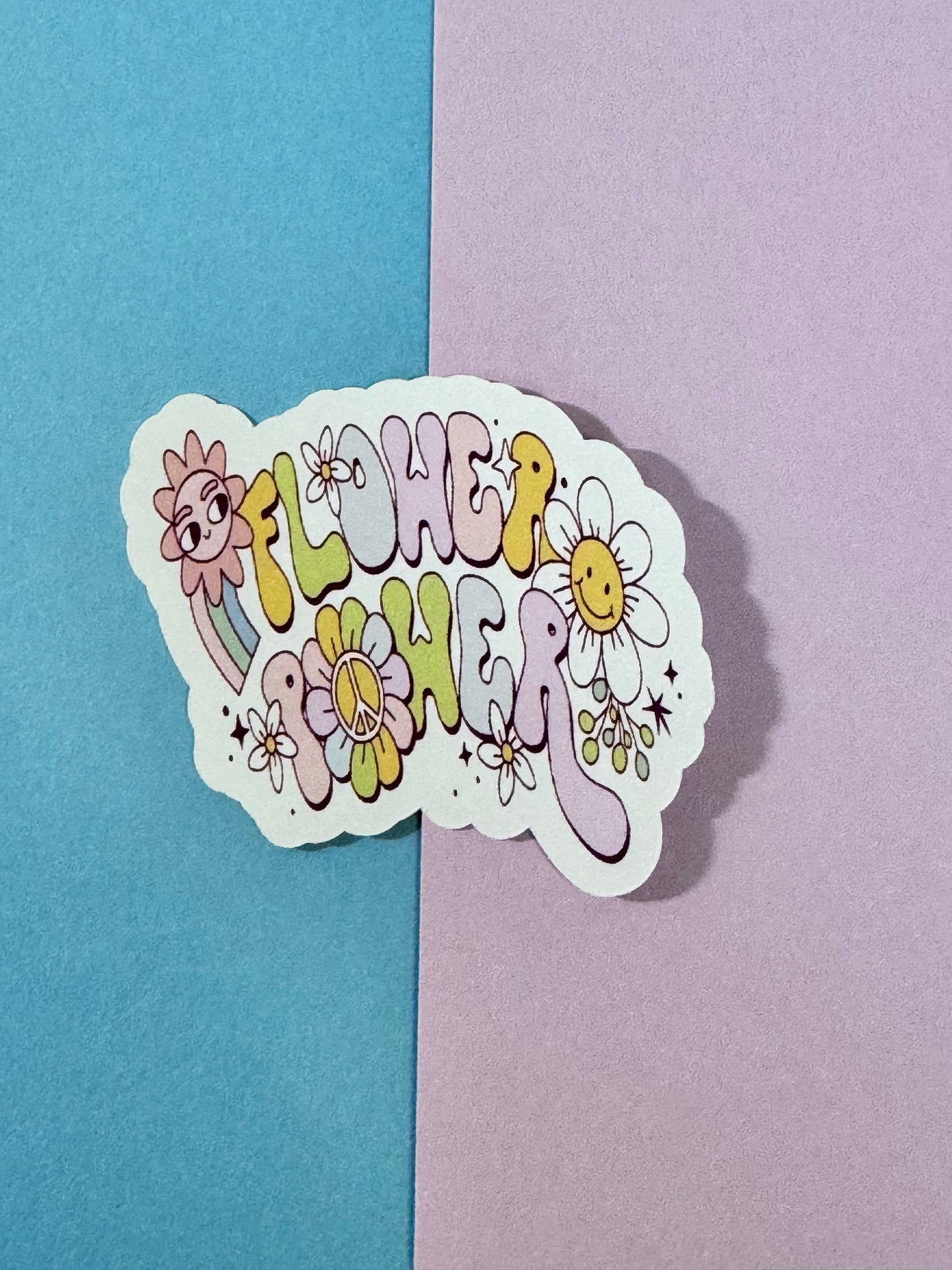 Flower Power 70s Retro Single Die Cut Matte Sticker With Groovy Flowers and Pretty Rainbow, Kawaii Cute