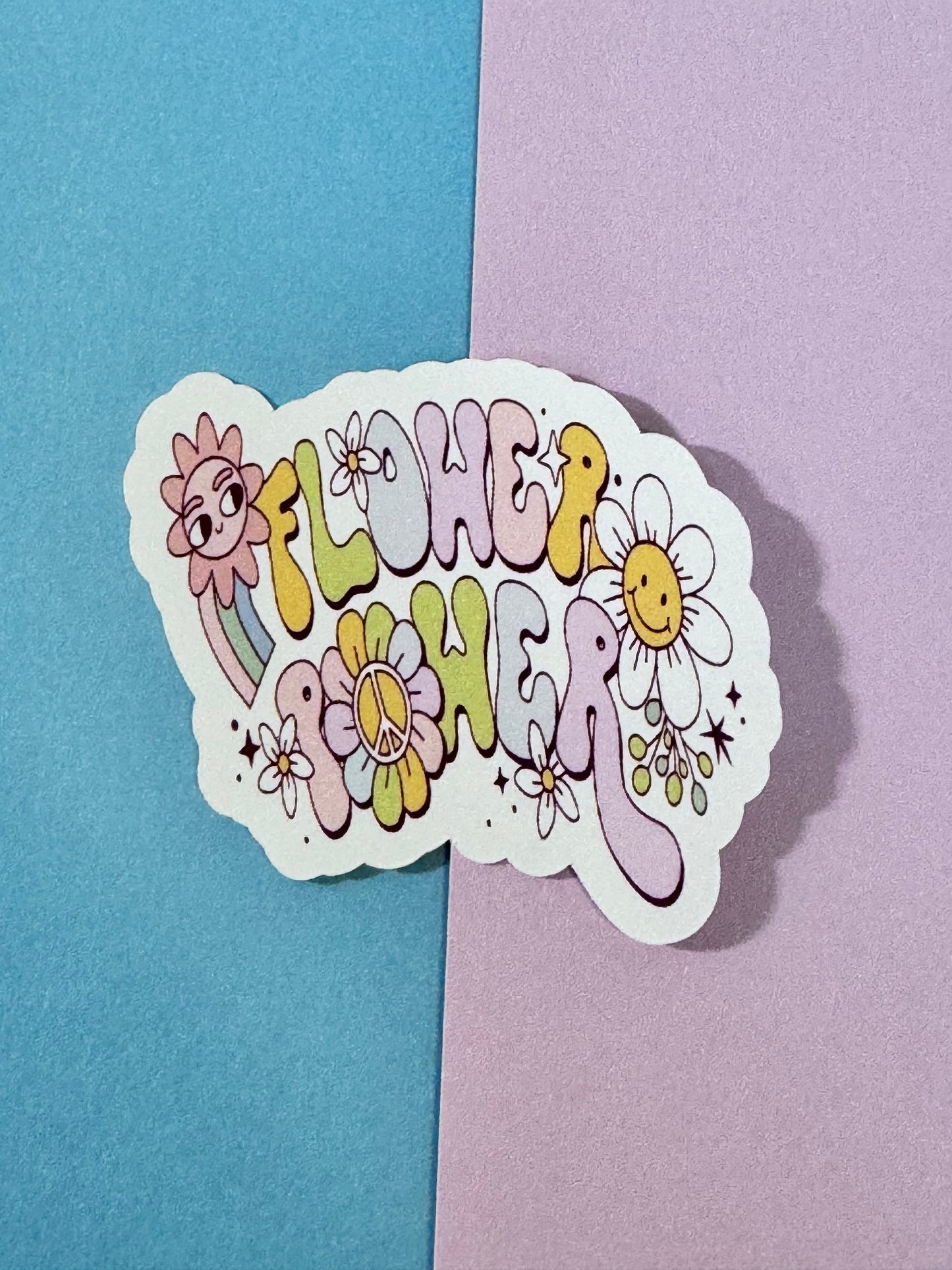 Flower Power 70s Retro Single Die Cut Matte Sticker With Groovy Flowers and Pretty Rainbow, Kawaii Cute