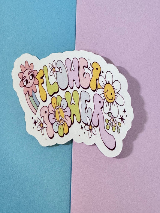 Flower Power 70s Retro Single Die Cut Matte Sticker With Groovy Flowers and Pretty Rainbow, Kawaii Cute