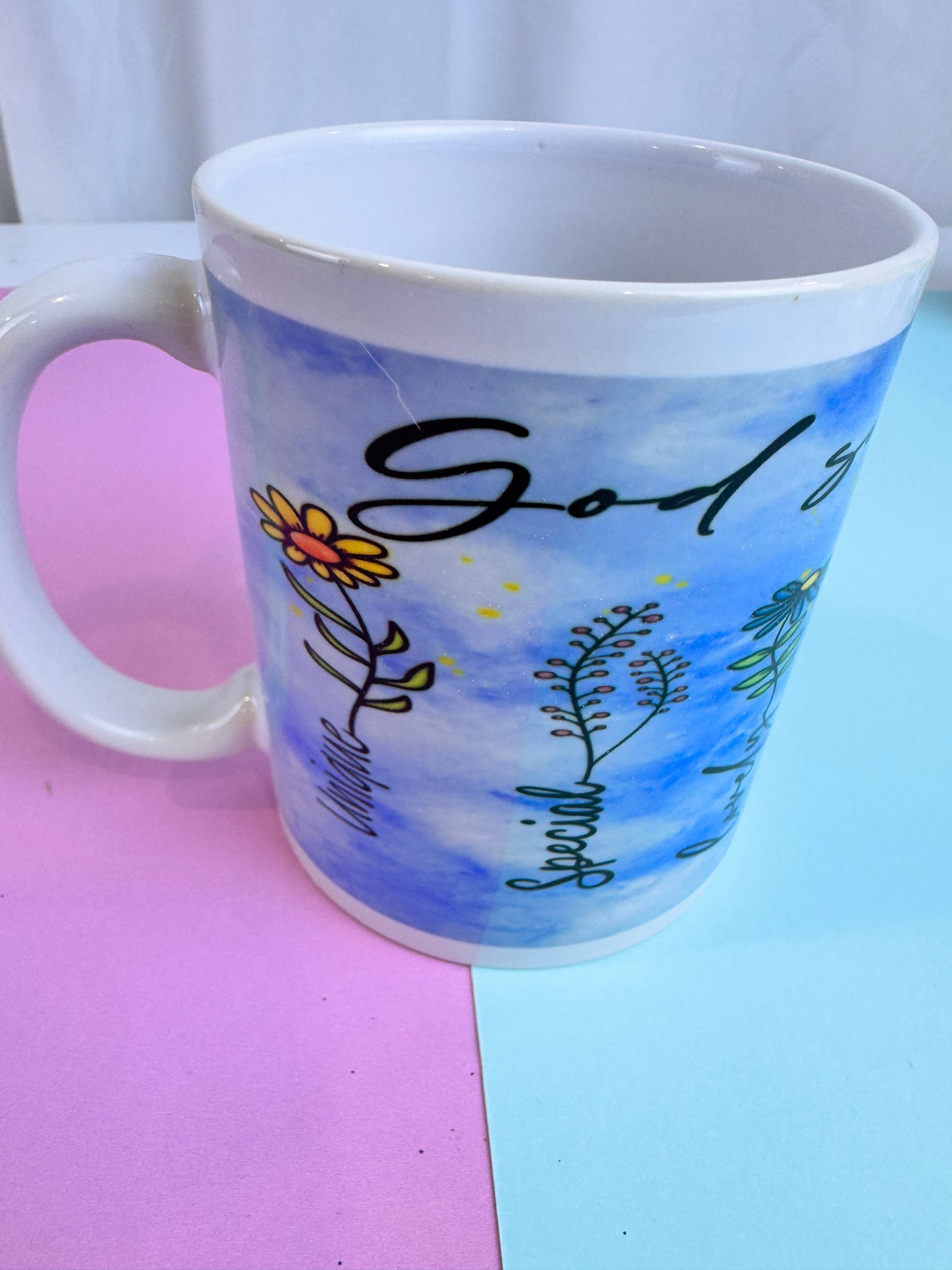 Coffee Mug With Faith Quote - God Says You Are Unique, Special, Lovely, Precious, Strong, Chosen, and Forgiven - Pretty Flowers and Blue Sky