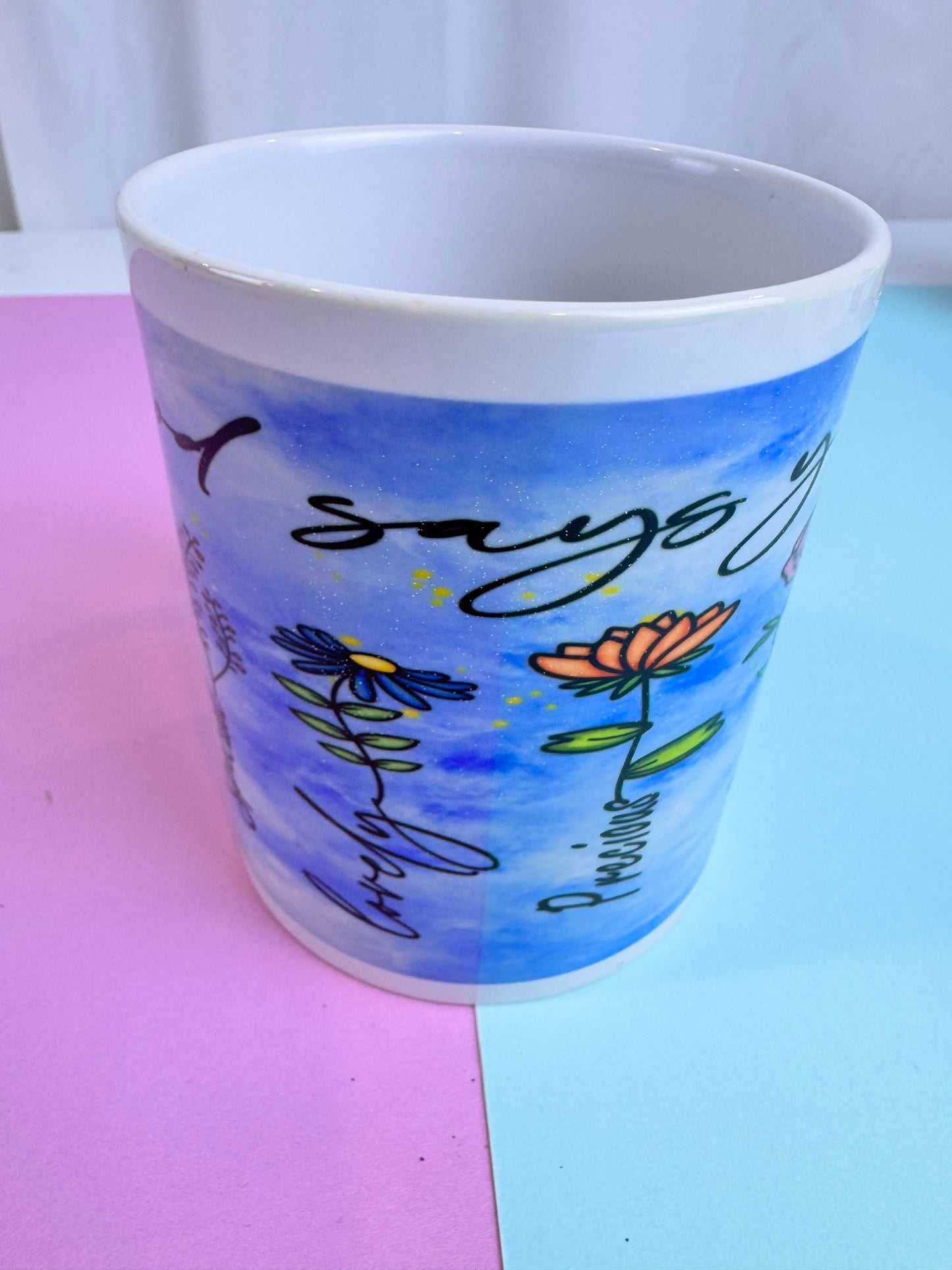 Coffee Mug With Faith Quote - God Says You Are Unique, Special, Lovely, Precious, Strong, Chosen, and Forgiven - Pretty Flowers and Blue Sky