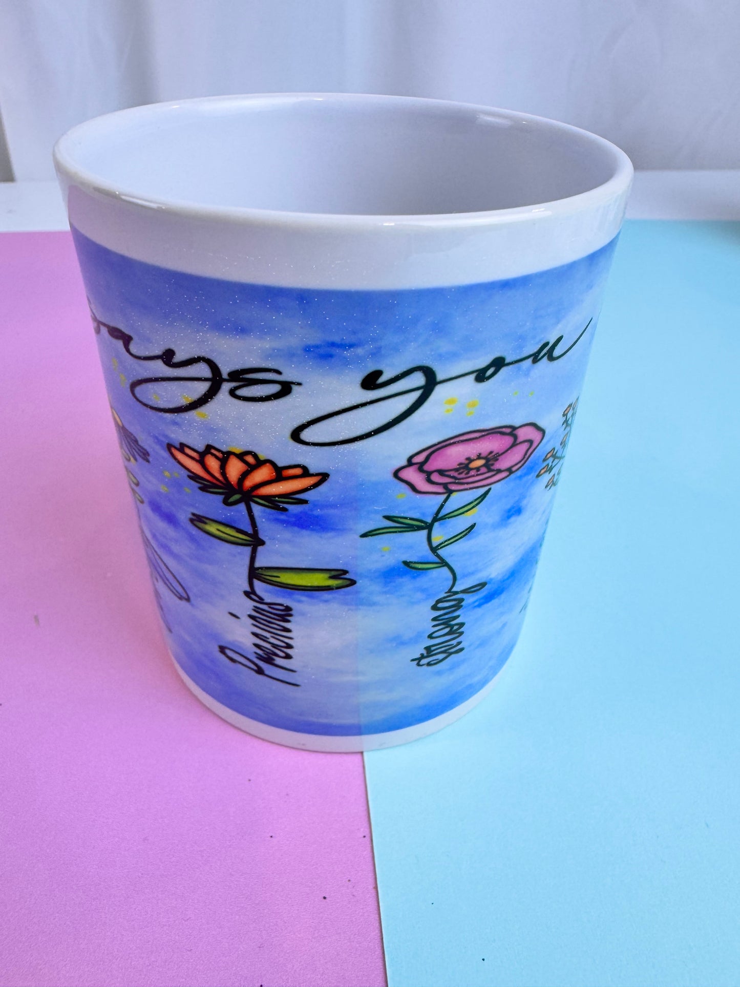 Coffee Mug With Faith Quote - God Says You Are Unique, Special, Lovely, Precious, Strong, Chosen, and Forgiven - Pretty Flowers and Blue Sky