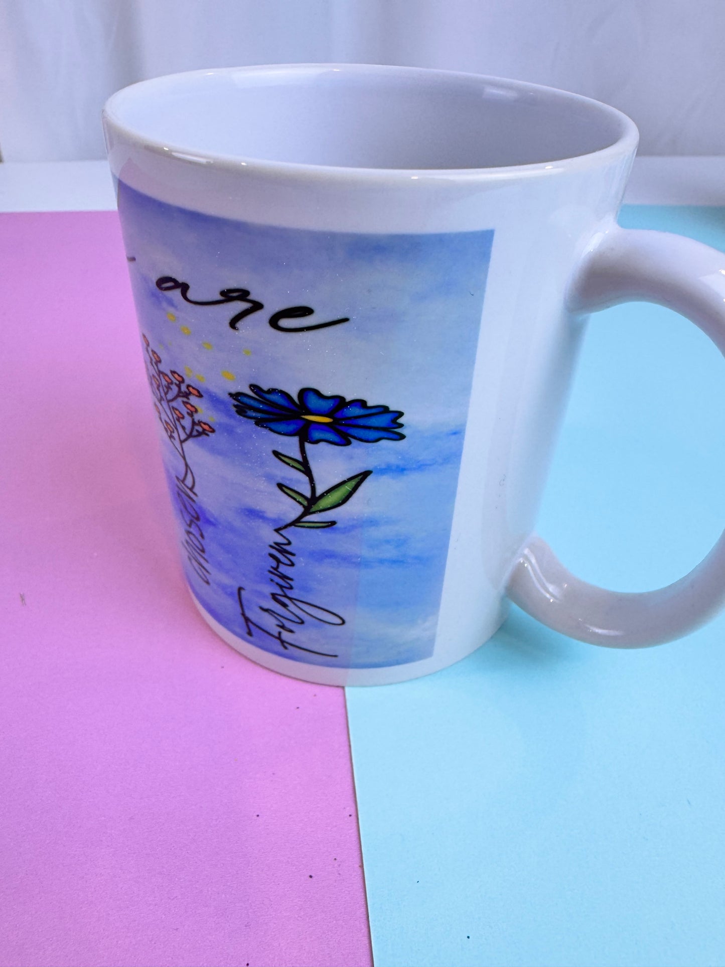 Coffee Mug With Faith Quote - God Says You Are Unique, Special, Lovely, Precious, Strong, Chosen, and Forgiven - Pretty Flowers and Blue Sky