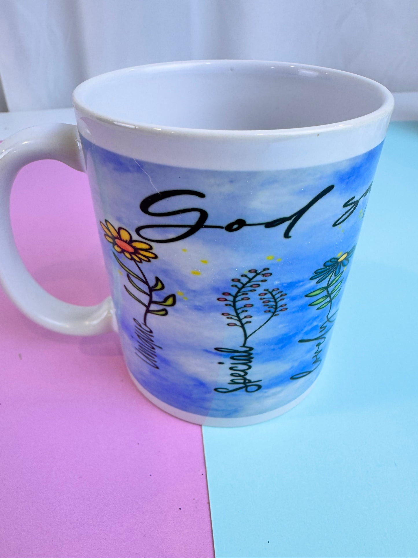 Coffee Mug With Faith Quote - God Says You Are Unique, Special, Lovely, Precious, Strong, Chosen, and Forgiven - Pretty Flowers and Blue Sky