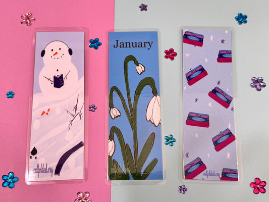 January Monthly Bookmarks, January Birth Flower - Snowdrops, Building A Snowman, Book Tropes - Winter Edition