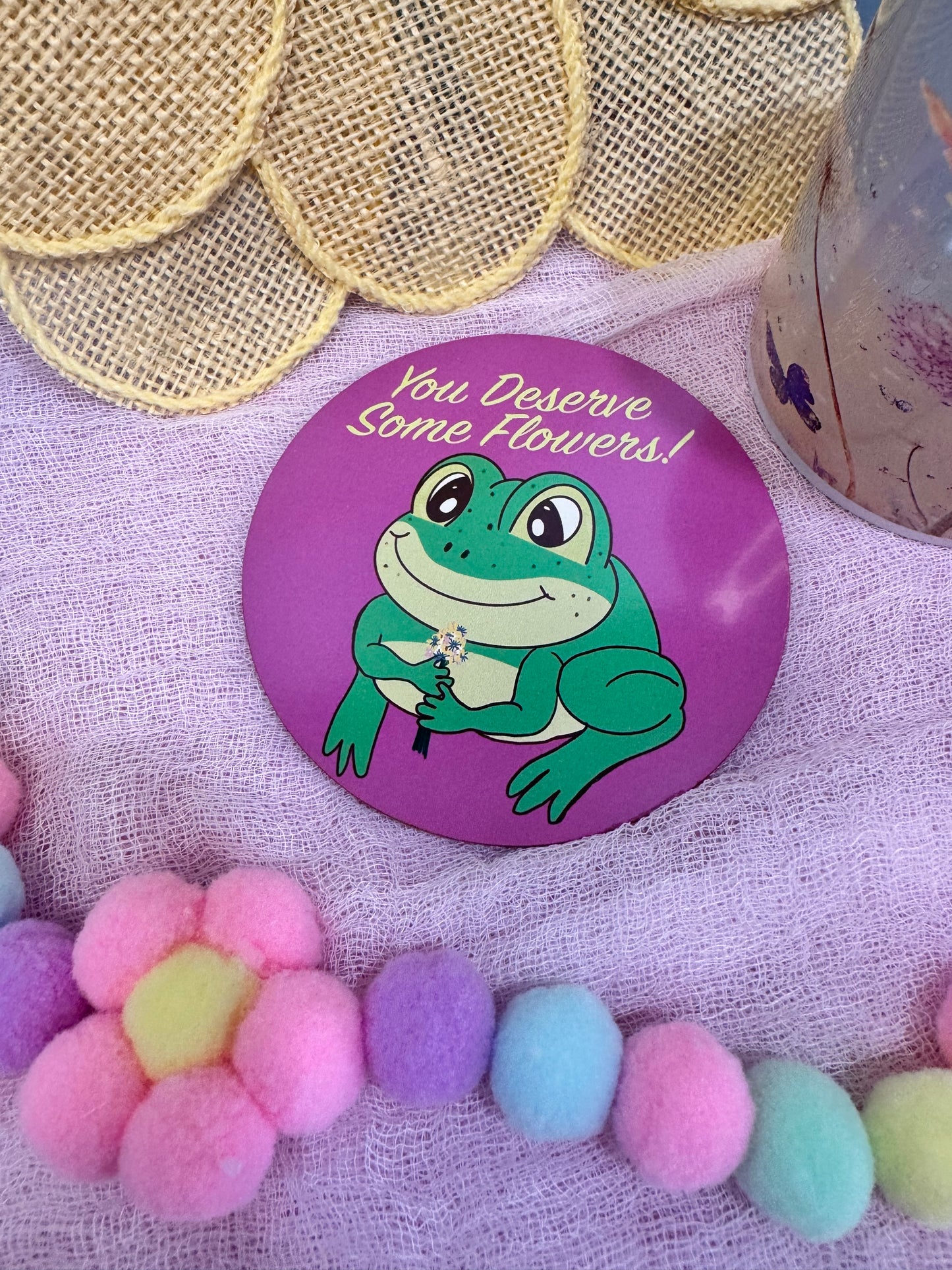 Frog Coasters, Spring and Summertime Decor, Frog With Flower Bouquet Cute Tableware, Cup Mat, You Deserve Flowers