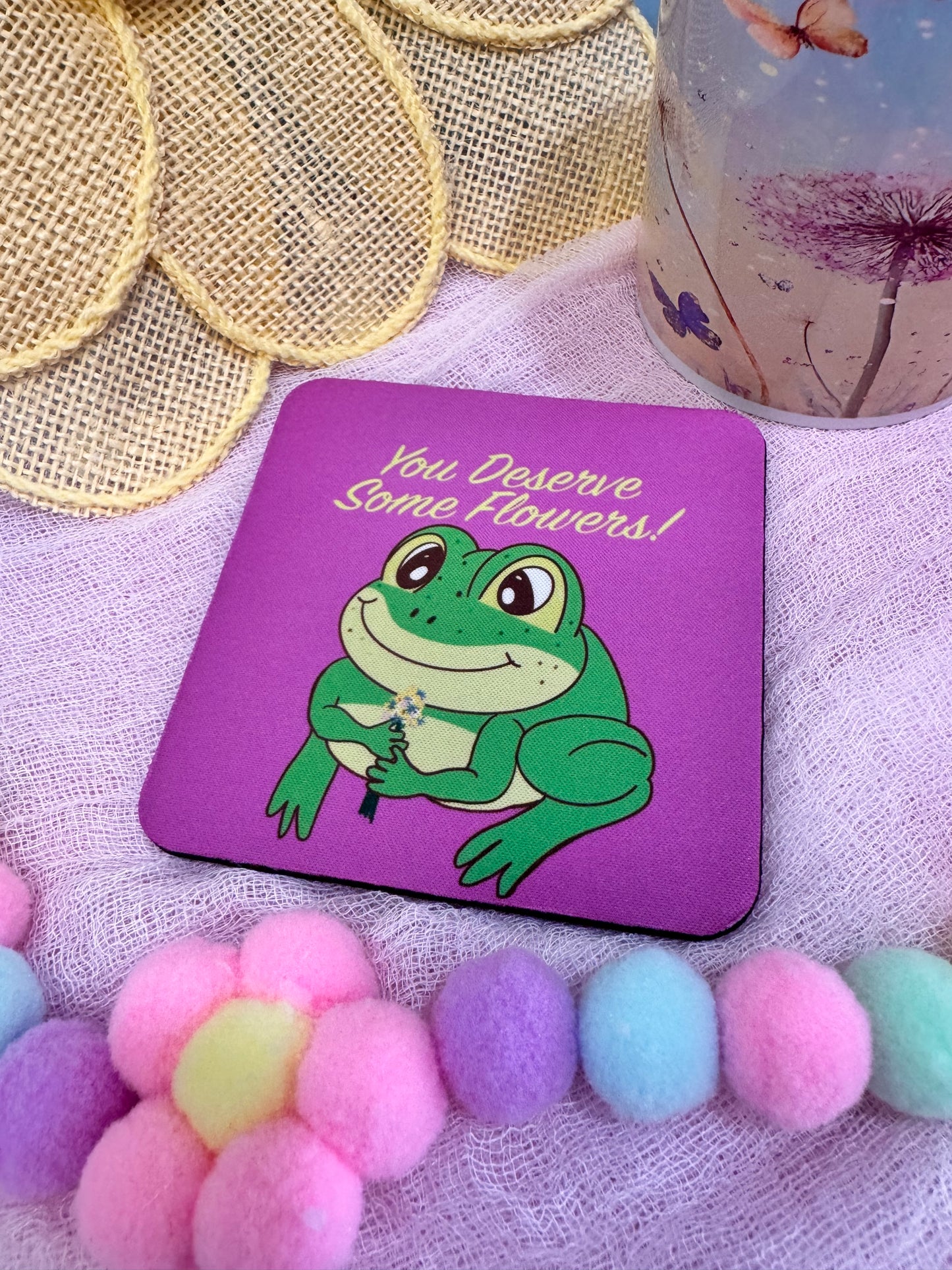 Frog Coasters, Spring and Summertime Decor, Frog With Flower Bouquet Cute Tableware, Cup Mat, You Deserve Flowers