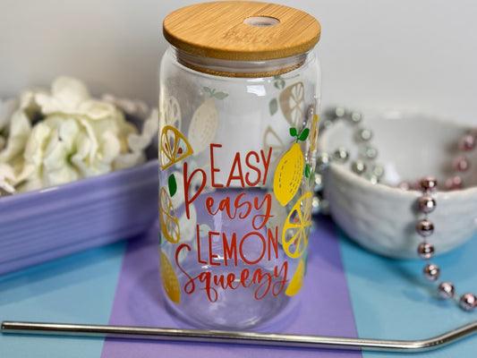 Easy Peasy Lemon Squeezy Glass Libby Can, 16 Oz With Bamboo Lid and Metal Straw, Fun Lemon Design