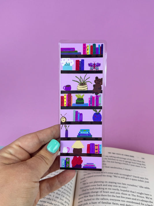 Cute Bookshelf Laminated Bookmark, Books and Trinkets of Book Lovers, Library Shelves, Hand Drawn Art