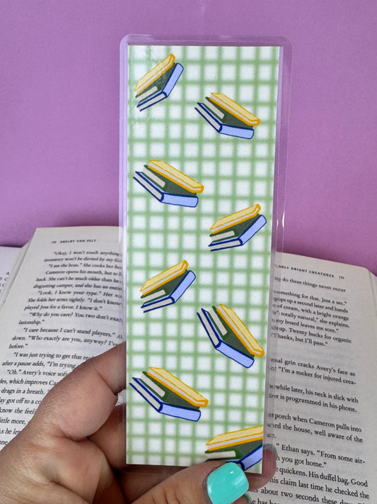 Green Gingham Style Bookmark with Floating Stacks of Books, Book Lovers, Gift For Readers, Hand Drawn Art, Page Saver, Laminated Bookmark