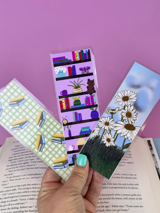 Bookmark Set of 3, Laminated Bookmarks, Hand Drawn Page Saver, Readers, April Birth Flowers Daisies, Gingham Bookstacks, Library Bookshelf
