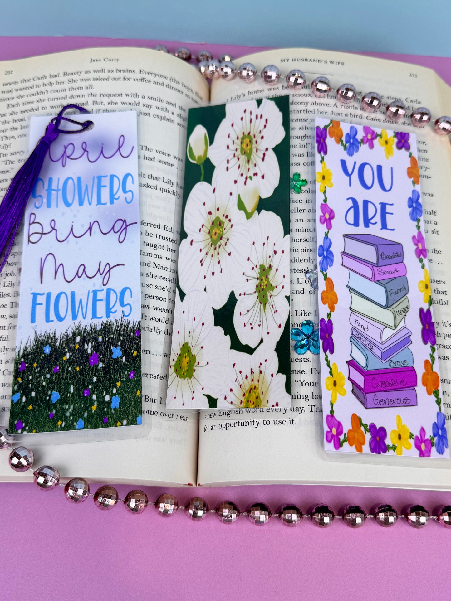 April Showers Bring May Flowers Bookmarks, Set of 3, Laminated Bookish Birthday Bookmark, May Birth Flowers, You Are Complimented Bookstack