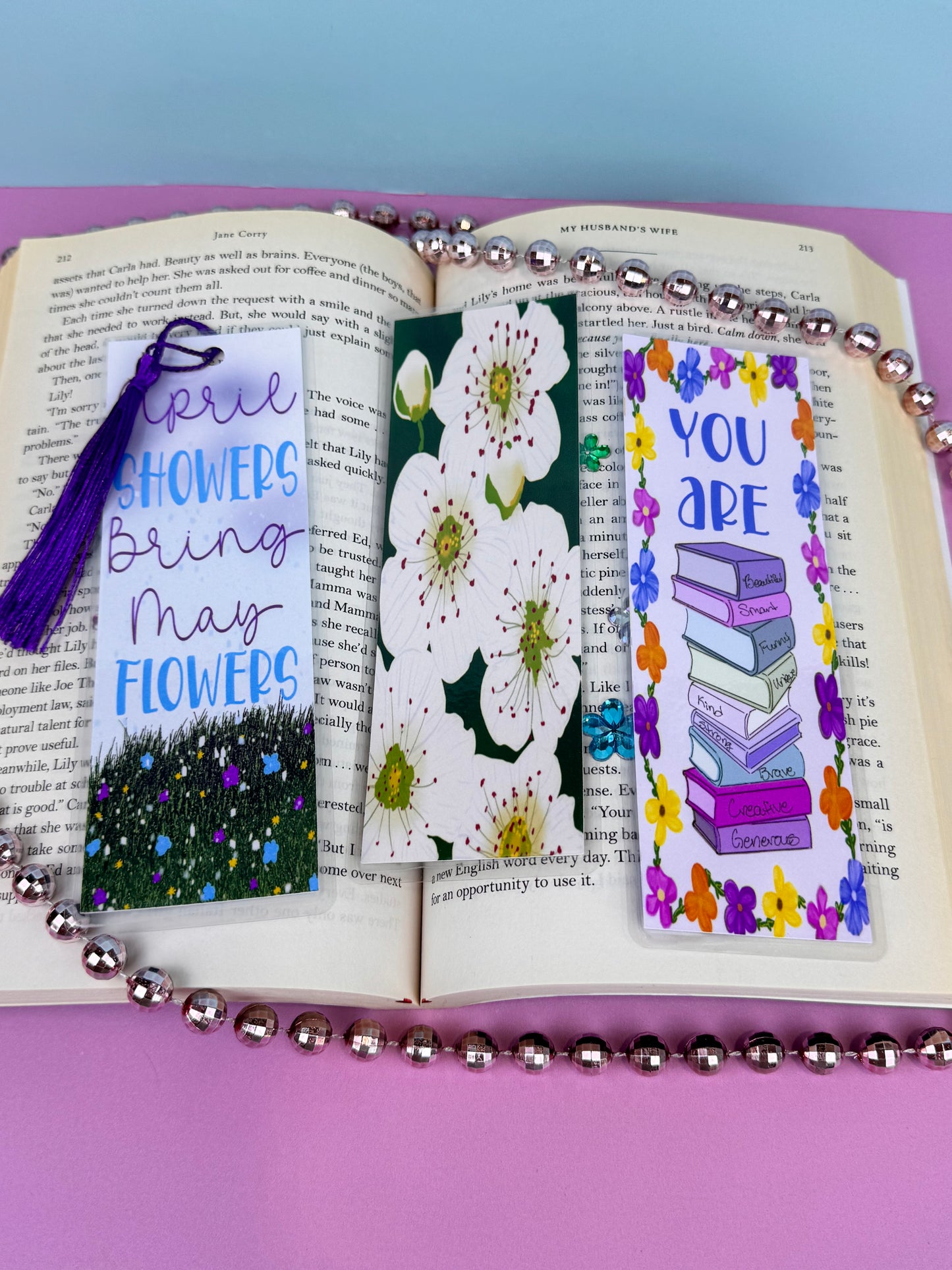 April Showers Bring May Flowers Bookmarks, Set of 3, Laminated Bookish Birthday Bookmark, May Birth Flowers, You Are Complimented Bookstack