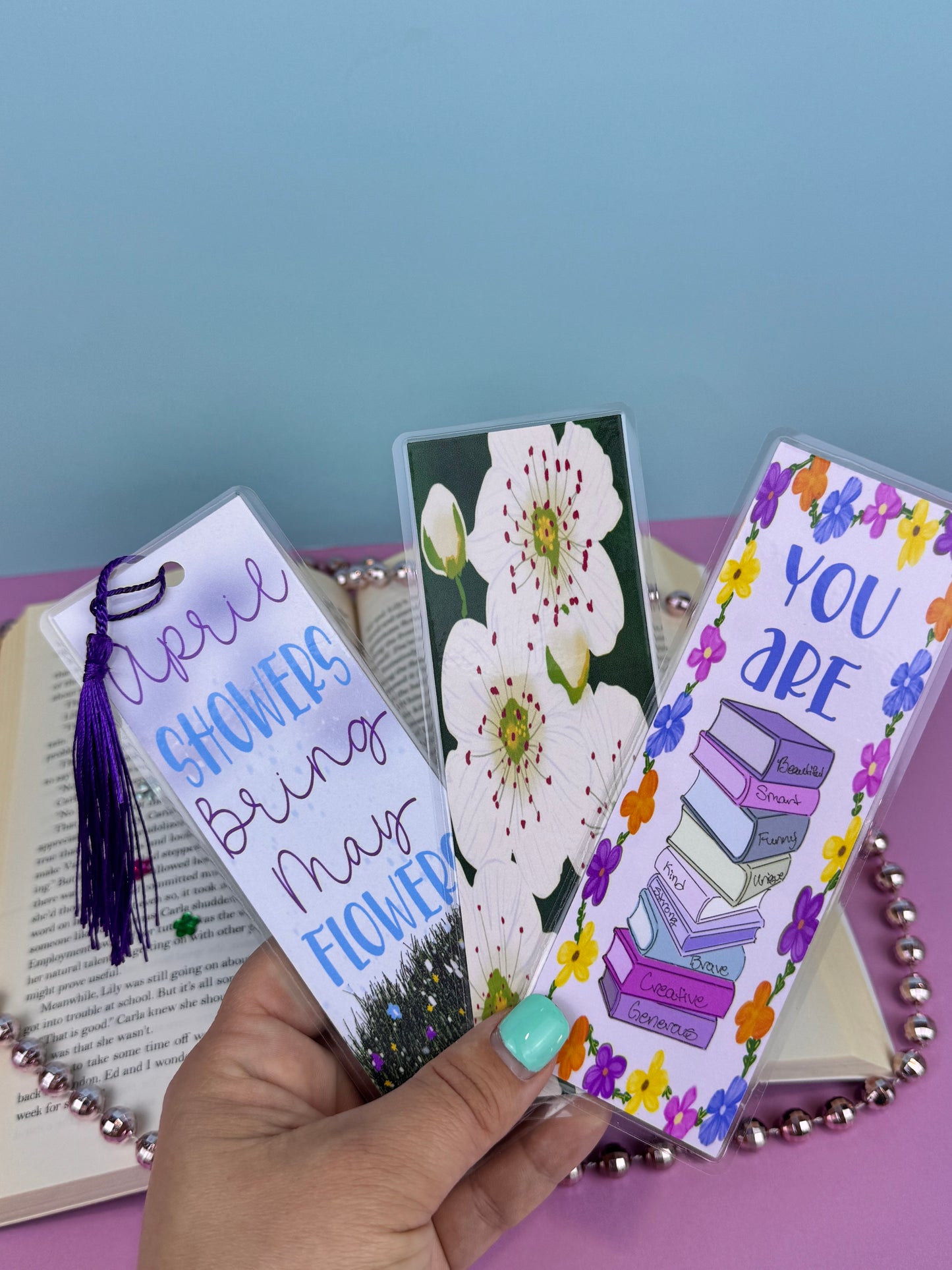 April Showers Bring May Flowers Bookmarks, Set of 3, Laminated Bookish Birthday Bookmark, May Birth Flowers, You Are Complimented Bookstack