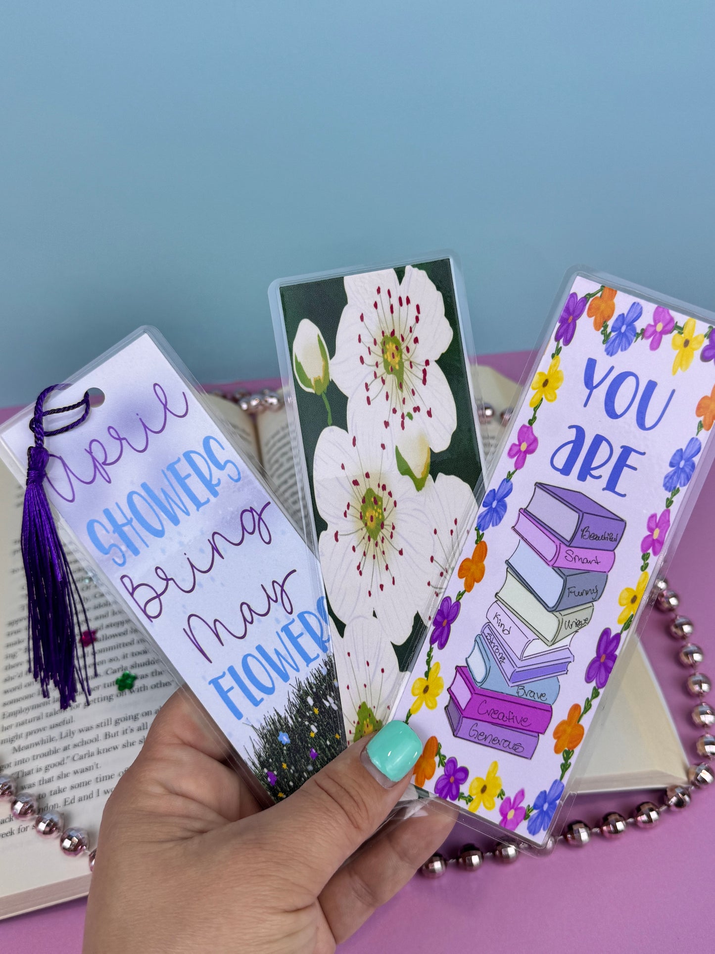 April Showers Bring May Flowers Bookmarks, Set of 3, Laminated Bookish Birthday Bookmark, May Birth Flowers, You Are Complimented Bookstack